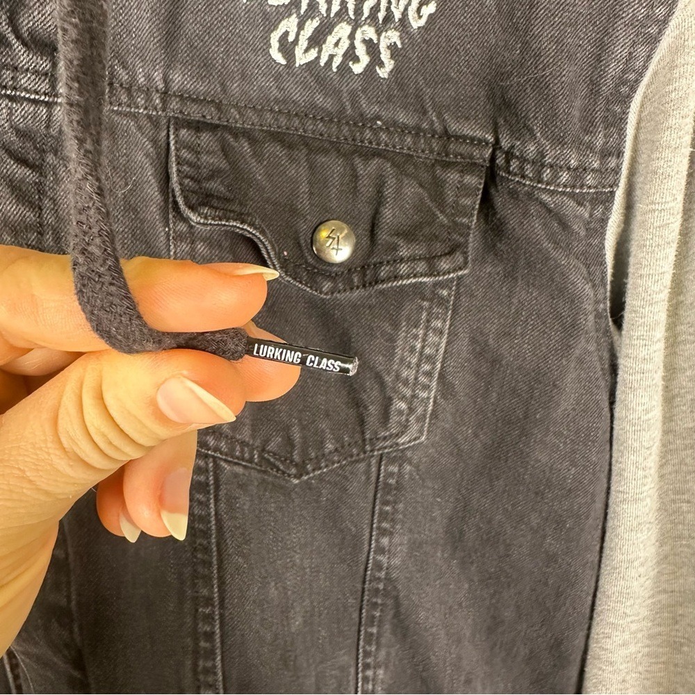 LURKING CLASS XXL Men Grunge Streetwear Black and Gray Patch Denim Hoodie Jacket - Picture 6 of 7